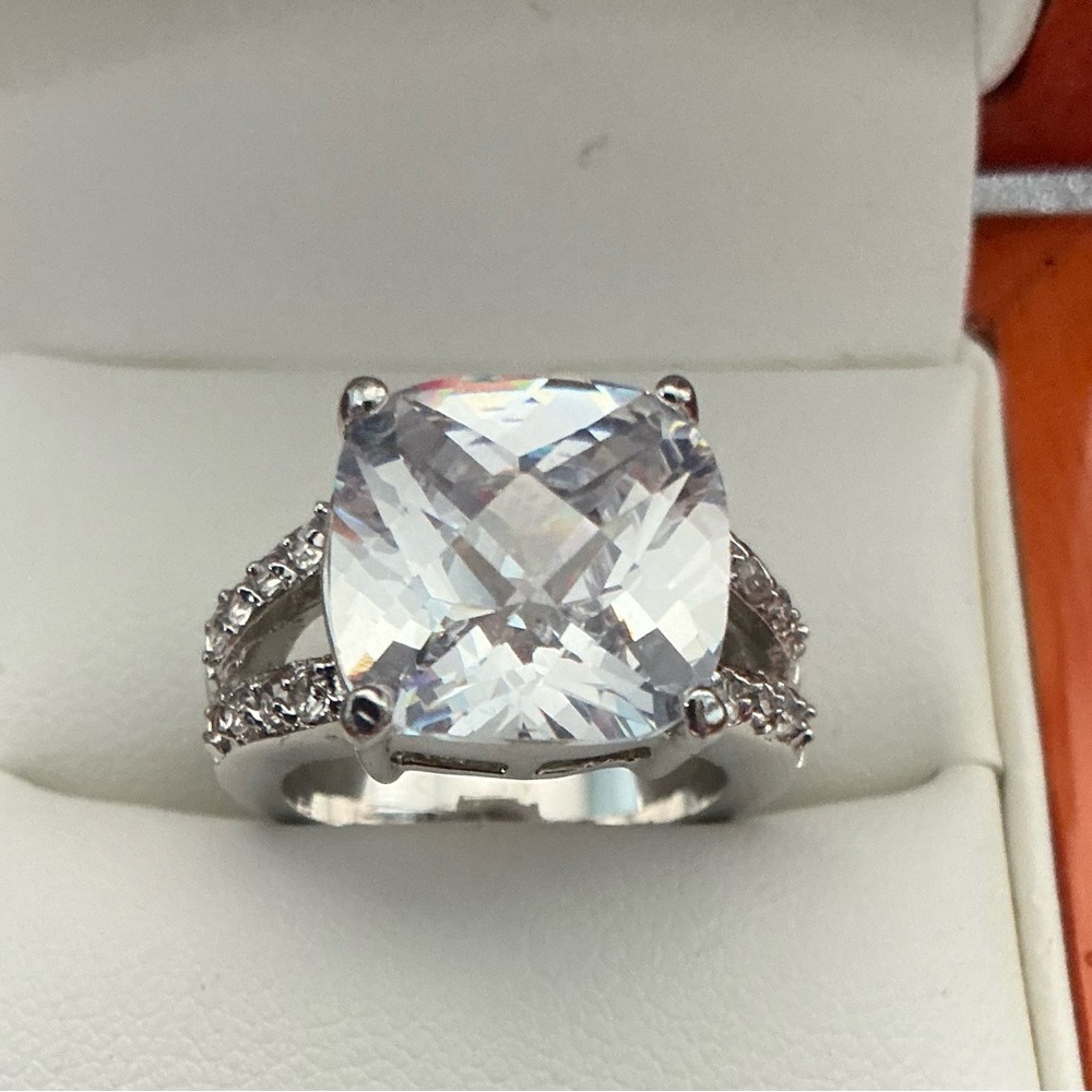 Silver tone Large Cushion Cut CZ Women's Ring with pave round stones, size 5